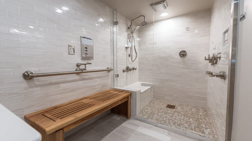 New accessible shower with grab bars and wooden bench for elderly and disabled| modern bathroom with safety features for elderly or disabled individuals| a spacious, accessible bathroom showcasing grab bars, a wooden bench, and easy-to-reach fixtures, designed for elderly and disabled users| The image depicts a modern bathroom designed with accessibility in mind, featuring safety grab bars on the walls, a sturdy wooden bench for seating or support, and an easy-to-navigate shower area. The neutral color scheme and sleek tiles create a clean and functional space suitable for elderly or disabled individuals seeking comfort and safety during use| relevant.