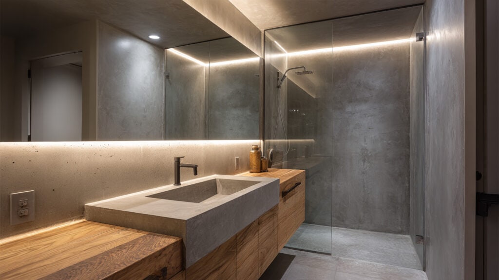 Modern bathroom with concrete and wooden accents, featuring a sleek vanity with integrated sink, minimalist lighting, and a glass-enclosed shower for a contemporary look.
