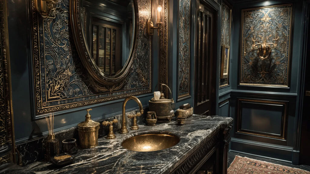 Black and gold ornate bathroom vanity with marble countertop and framed mirror, luxurious interior remodeling, elegant dark blue walls with intricate gold accents, upscale residential renovation in Atlanta.