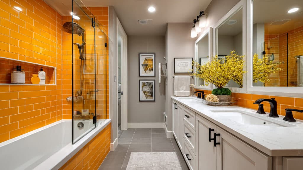 Vibrant orange tiled bathroom with a glass-enclosed shower, white vanity with black hardware, large mirrors, and fresh yellow floral arrangements for a bright and modern interior renovation.