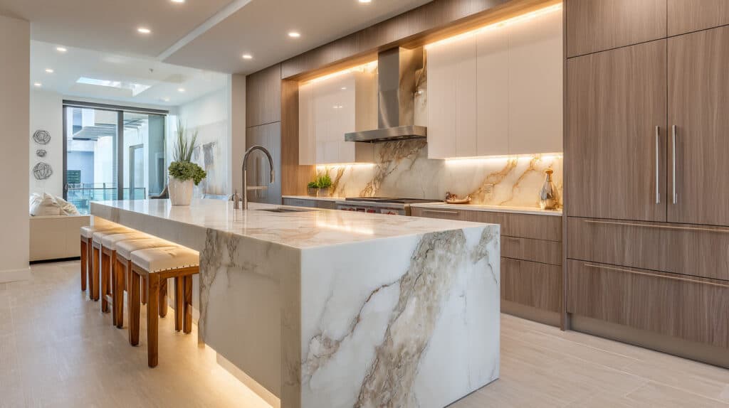 Modern Kitchen with Waterfall Countertop Islands