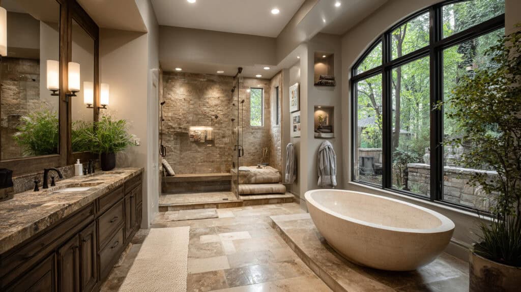 Luxurious bathroom with a freestanding bathtub, large windows with greenery views, and a walk-in shower with stone finishes, showcasing elegant interior remodeling.