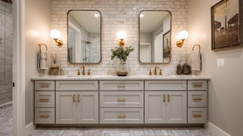 Bright modern bathroom with white vanity, gold hardware, and framed mirrors, featuring a cozy ambiance with wall-mounted lights and stylish decor.