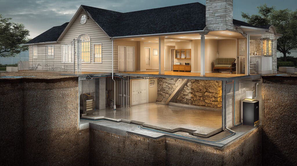 Newly renovated home exterior showing a modern, energy-efficient foundation and basement insulation with interior living space featuring warm lighting and cozy furnishings.