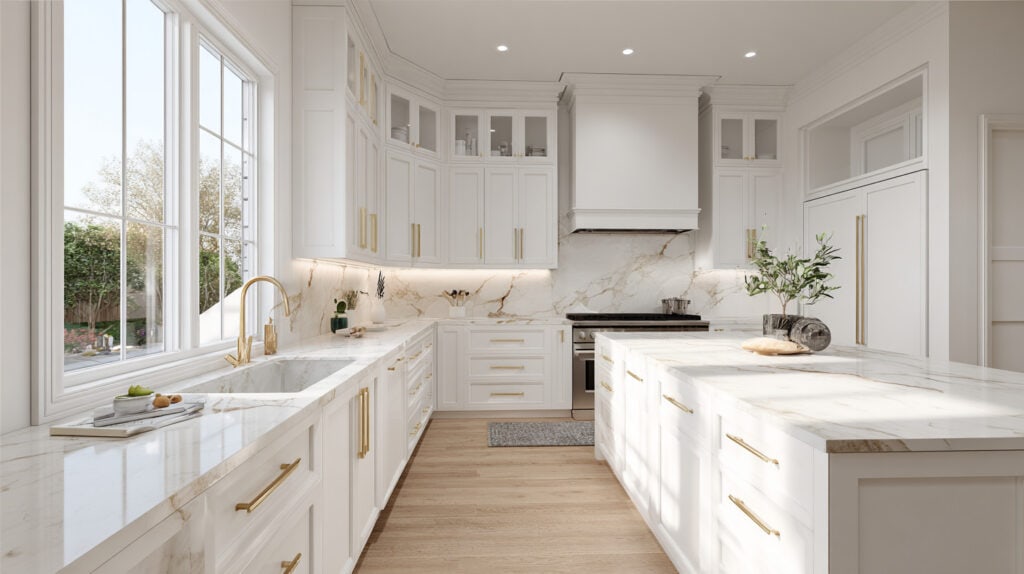 White Kitchen Design with Marble Accents