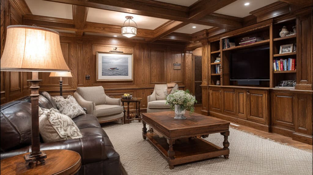 Wood-paneled living room with built-in bookcases, a flat-screen TV, and cozy seating including a leather sofa and armchairs, warm lighting, and elegant decor.
